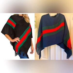 NWOT Wool Poncho Navy/Green/Red Women’s Medium